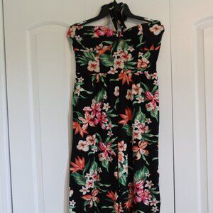 No Boundaries Junior Black Tropical Print Tie Neck Wide Leg Jumpsuit Large